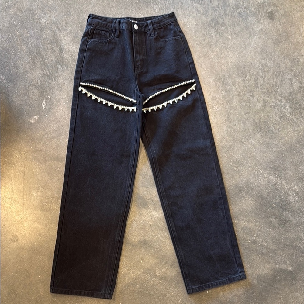 Black Denim Jeans with rhinestone cutout